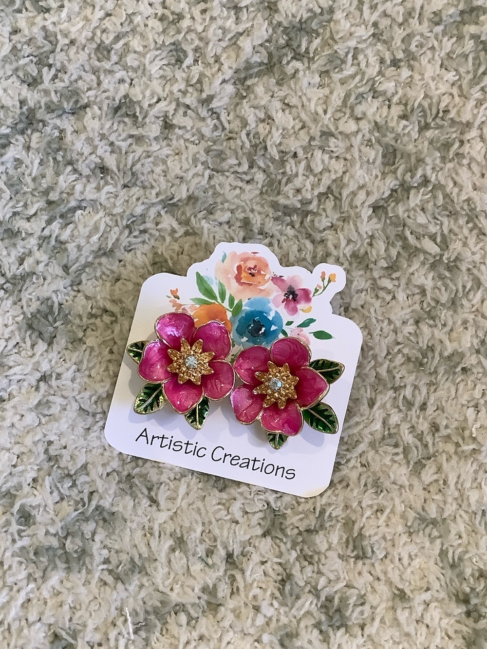Hot Pink Tropical Floral Pierced Fashion Earrings w/ Gold Accents NWT 1”